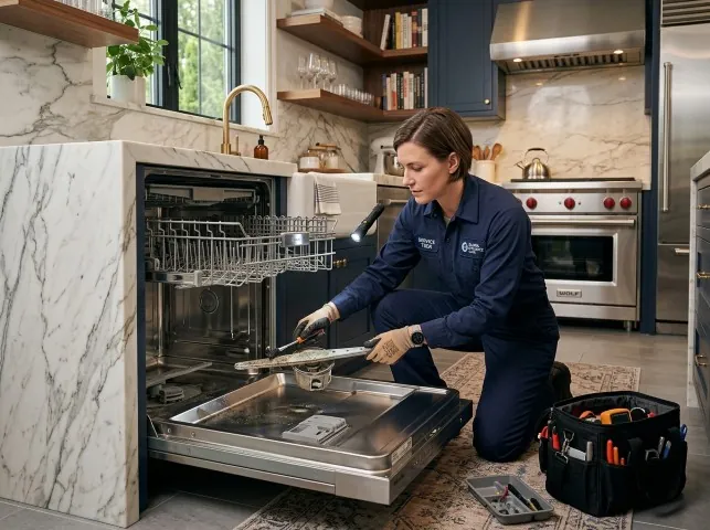 Appliance Repair Hero technician servicing a built-in dishwasher in a Bremerton, WA kitchen