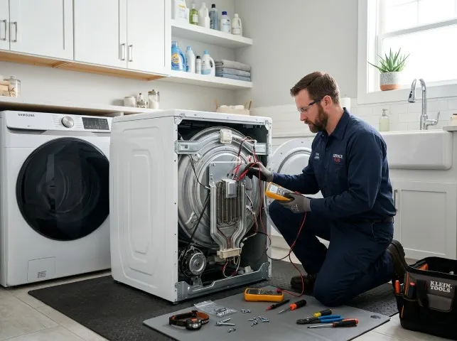 Appliance Repair Hero technician checking a dryer heating element with the rear panel off in Bremerton, WA