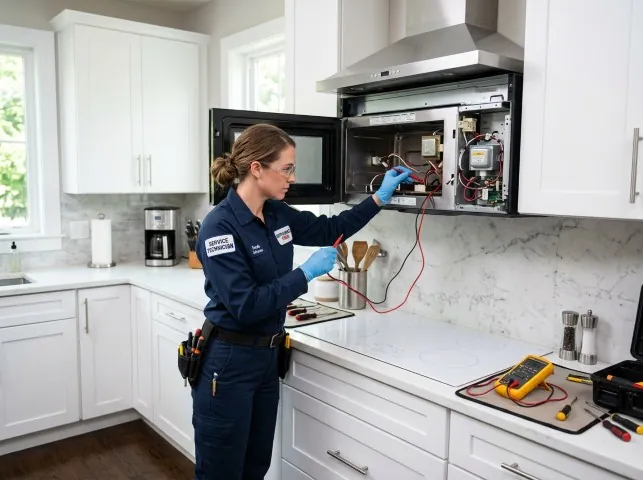 Appliance Repair Hero technician testing an over-the-range microwave in a Bremerton, WA kitchen