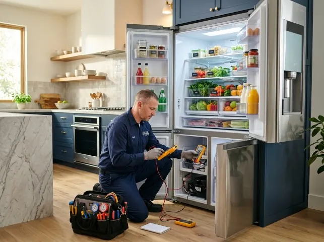 Appliance Repair Hero refrigerator technician testing a fridge on a Bremerton, WA service call