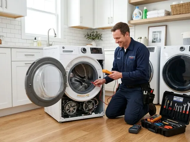 Appliance Repair Hero technician testing a front-load washer with a multimeter on a Bremerton, WA service call